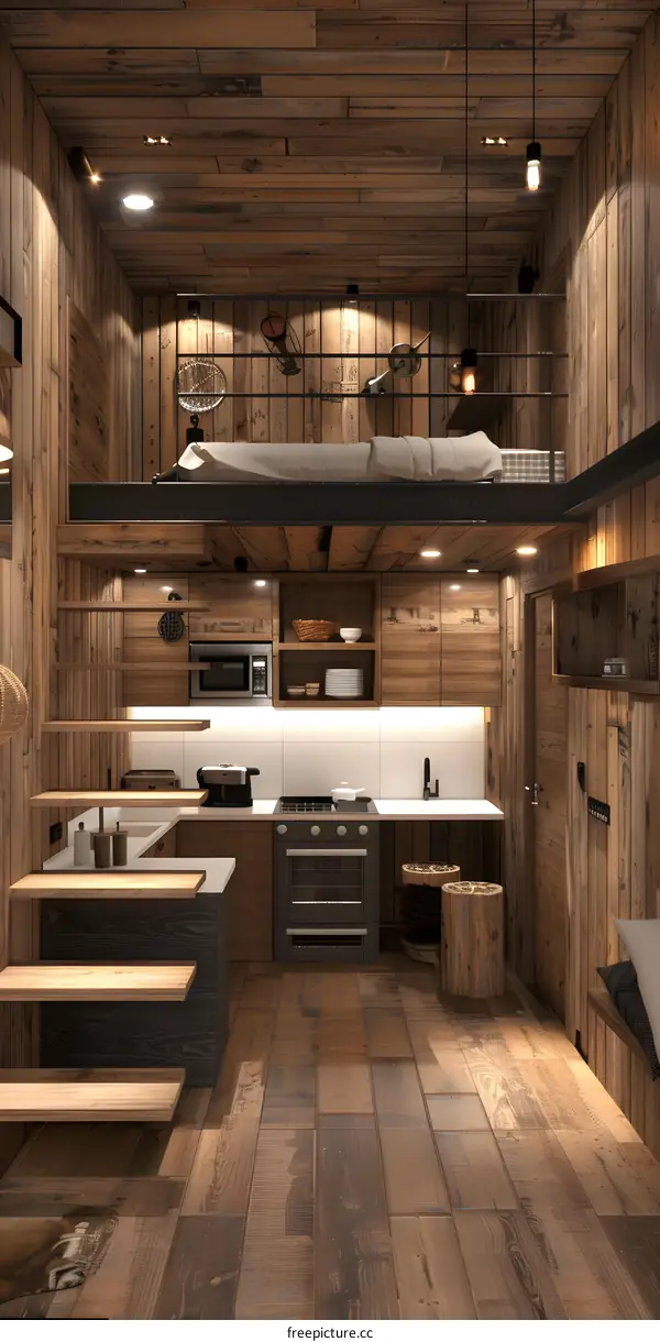 Rustic Wooden Cabin Interior Design With Loft Bedroom And Kitchen