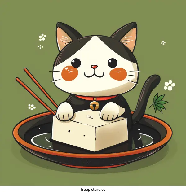 A cute cartoon cat is sitting in a bowl of ramen with chopsticks.