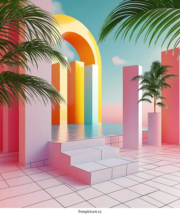 Minimalist 3D Illustration of a Summer Scene with Palm Trees, Colorful Arch and Stairs