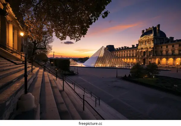 The Louvre Museum in Paris, France at dusk