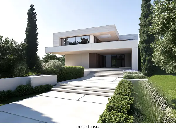 Modern White House with Steps and Lush Green Landscaping