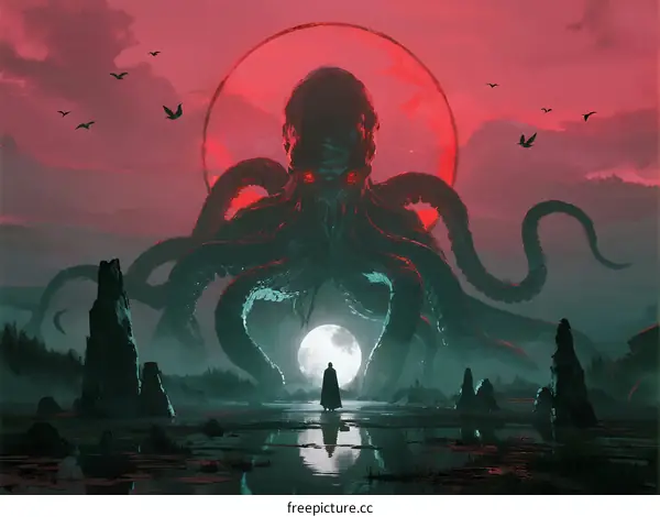 Giant Octopus-like Creature Under Blood Moon in Mystic Landscape
