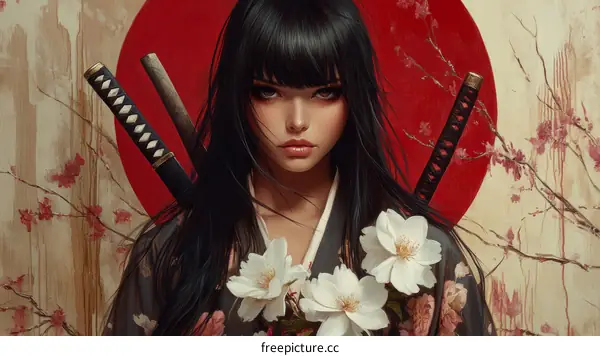 A Beautiful Asian Woman with Swords and Flowers