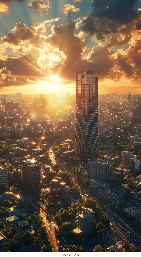 Aerial Sunset View of a Modern City