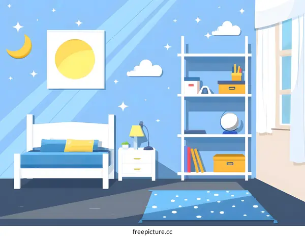 Blue Bedroom Interior Design with Bed, Bookshelf, and Nightstand