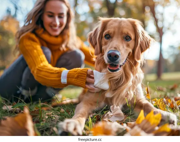Young woman with a dog in the autumn park