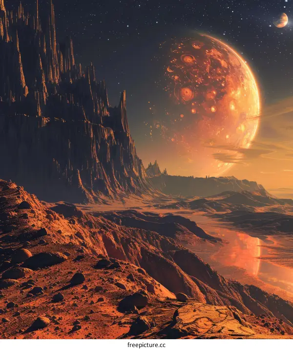 Barren Red Planet with a Crimson Moon