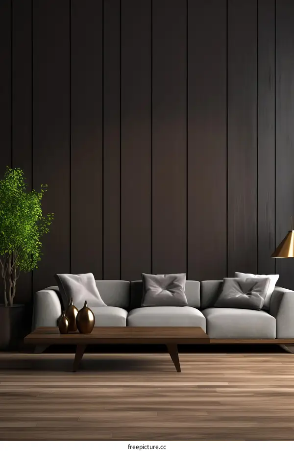 Modern living room interior with dark wood wall panelling and grey sofa