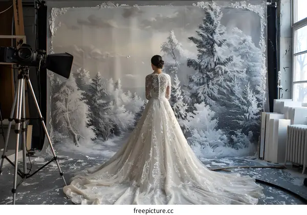 A bride is posing for her wedding photos in a studio.