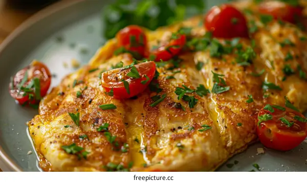 Fried eggs with cherry tomatoes and parsley