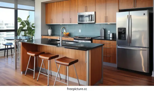 Modern Kitchen Island with Wood Cabinets and Stainless Steel Appliances