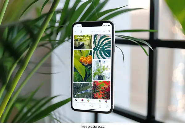 Close up of Phone with Green Plants in Background