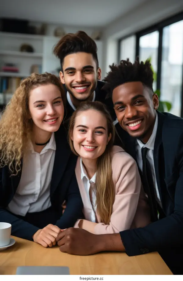 A group of four business professionals posing for a photo