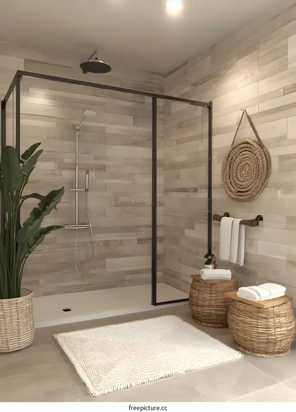 Modern Bathroom Shower Design with Wooden Tiles