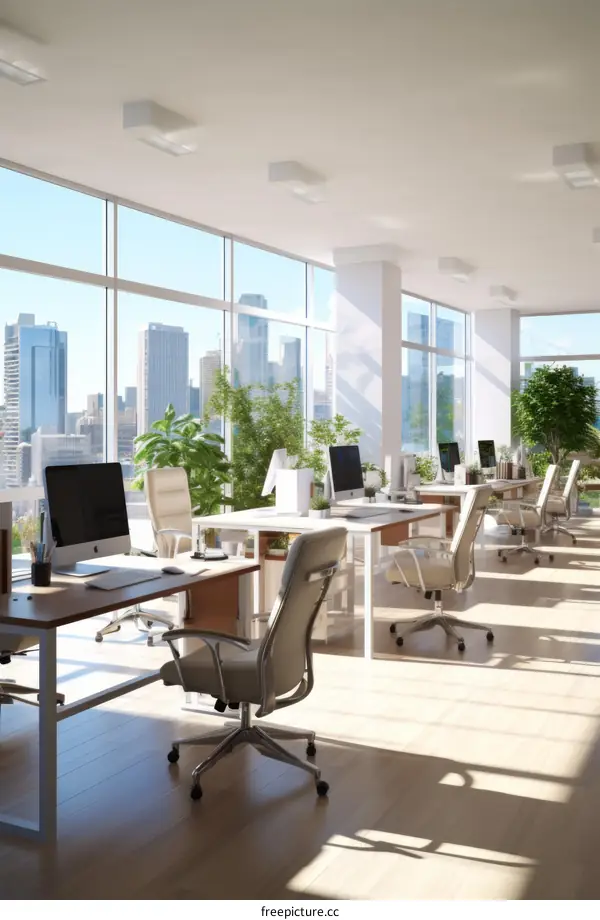 Modern office interior with large windows and city view