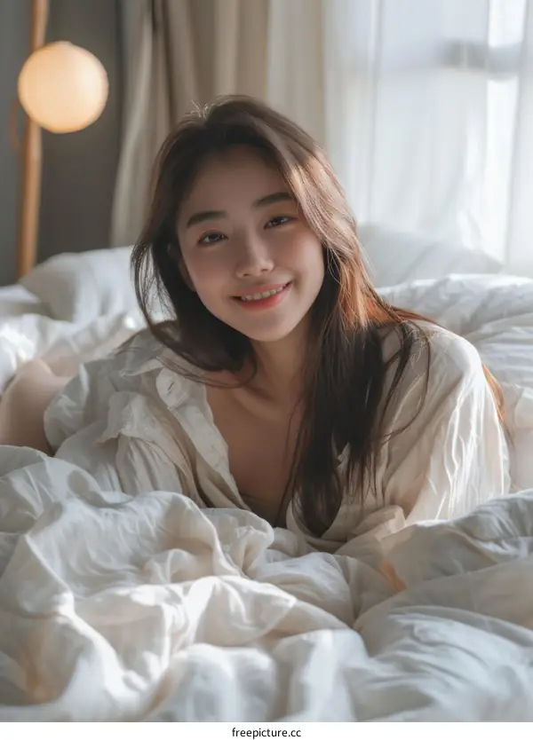 An Asian girl in white shirt lying on the bed and smiling