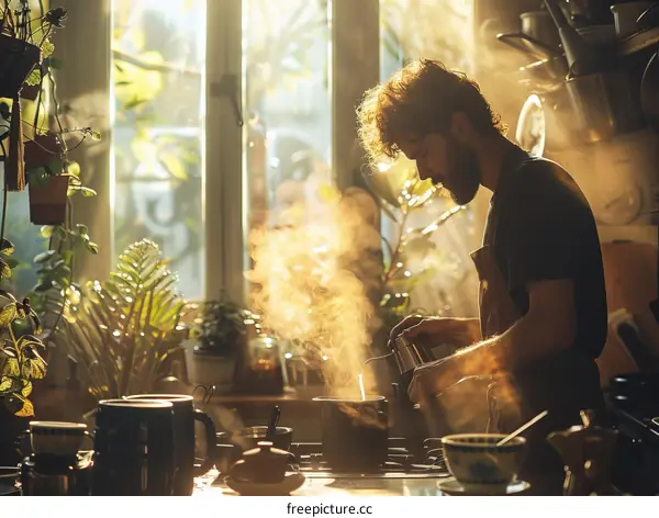 Bearded man making coffee in the morning sunlight