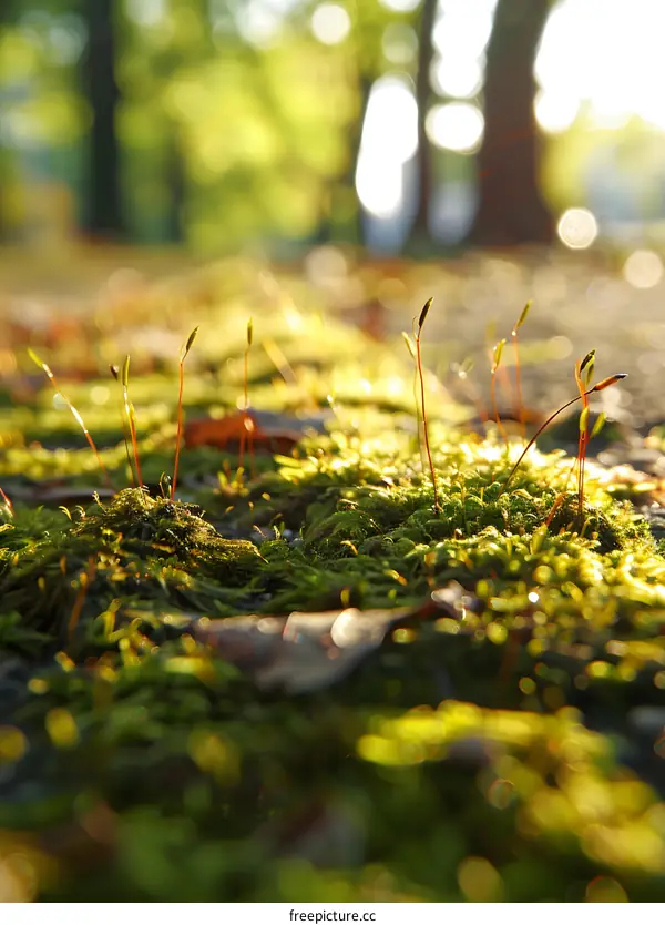 Close Up of Green Moss and Sprouting Plants in the Sunlight