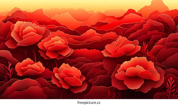 Red Flowers Landscape Illustration