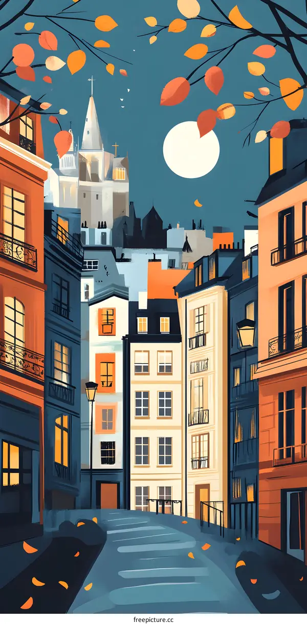 Autumn Night in Paris, France Illustration