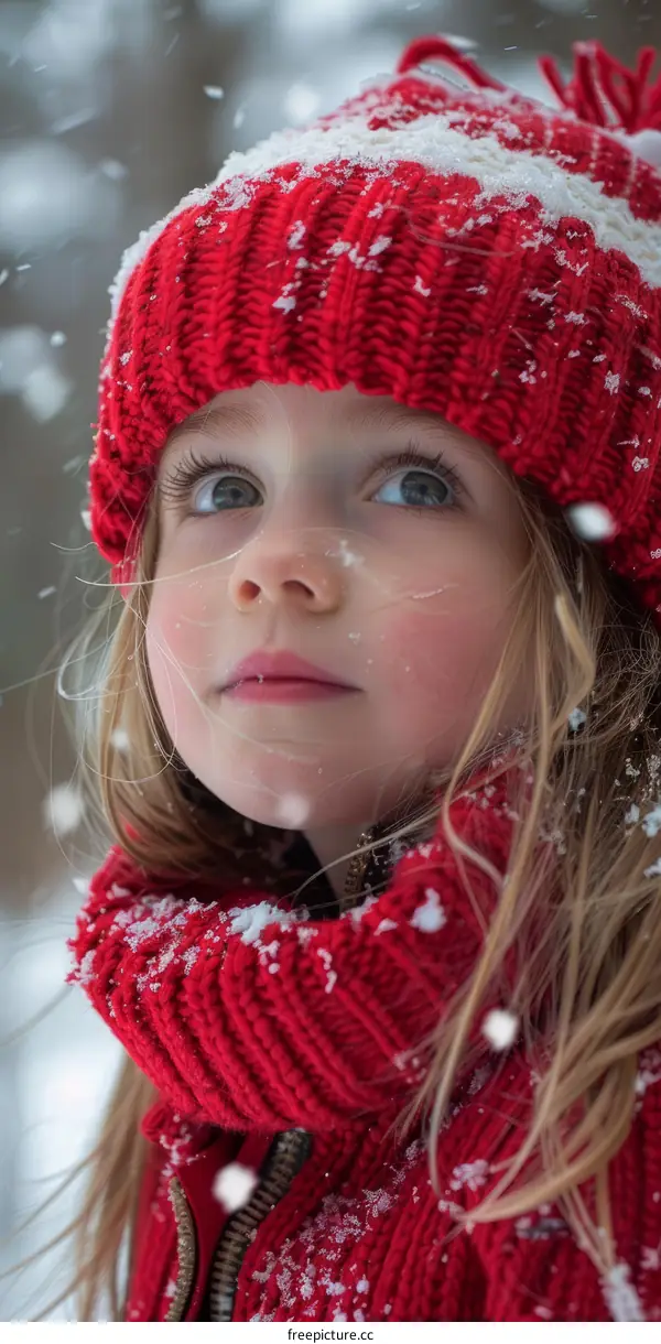 Little Girl in Winter Hat Looking at the Snowflakes