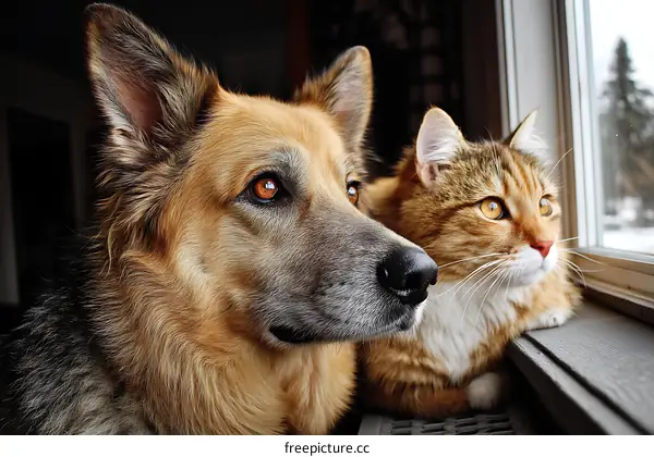 Two Loyal Friends Watching the Winter Scene Through a Window