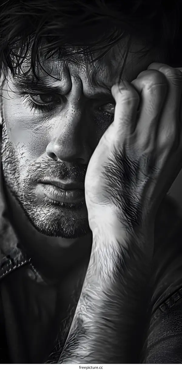 A portrait of a man with his hand on his face