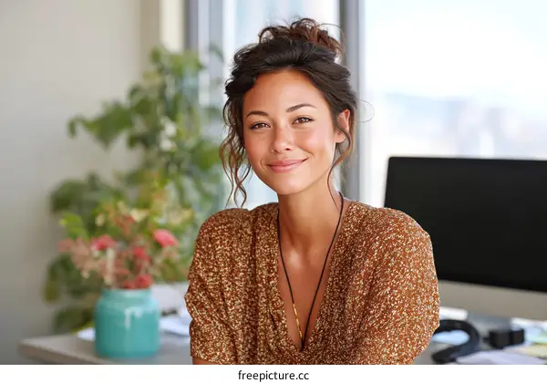 Smiling Woman in a Home Office Setting