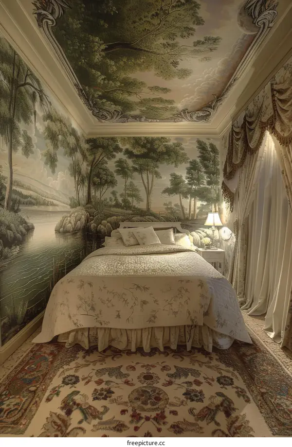 A Cozy Bedroom with a Scenic Mural