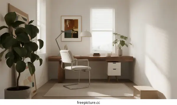 Modern Minimalist Home Office with Natural Light and Desk Setup