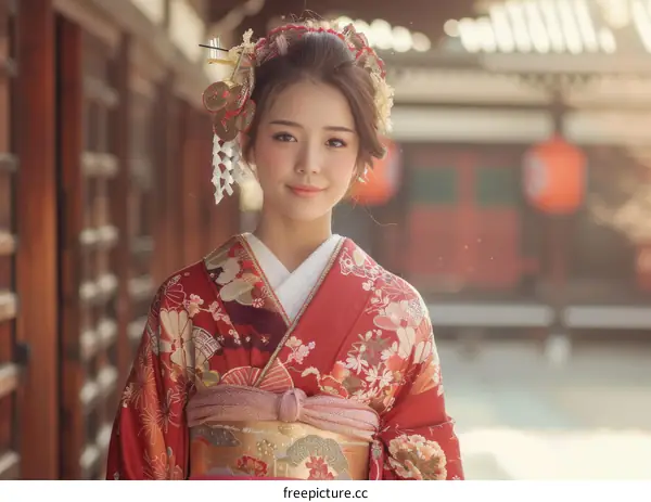 Portrait of a beautiful Japanese woman in traditional kimono