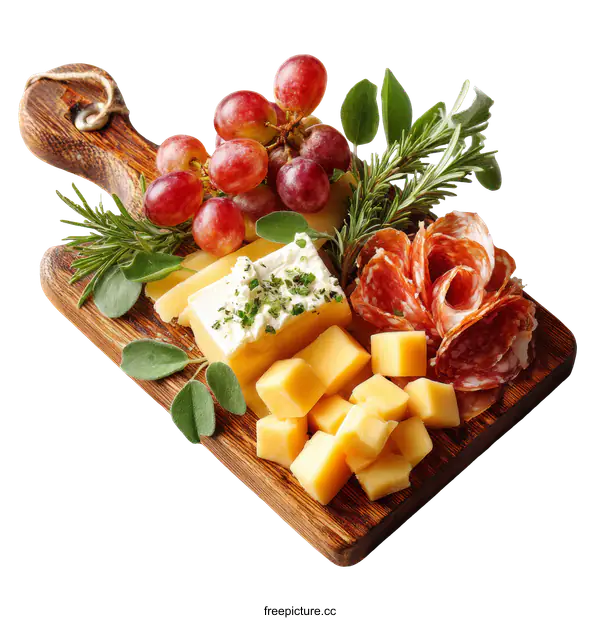 [Transparent Background PNG]Assortment of Cheeses and Salami on Wooden Board