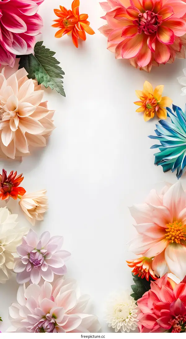 Floral Border with White Background and Colorful Dahlias