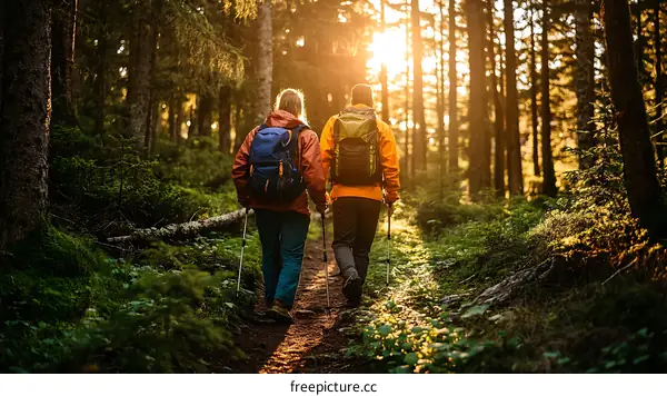 Hikers Walking Through Sunny Forest Path
