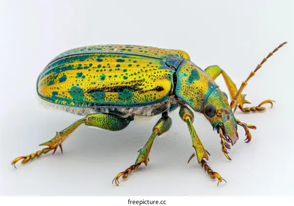 A green and yellow beetle on a white background