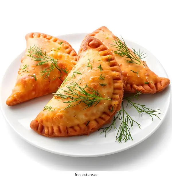 Empanadas with dill garnish on plate