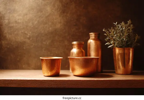 Copperware Collection on Wooden Shelf