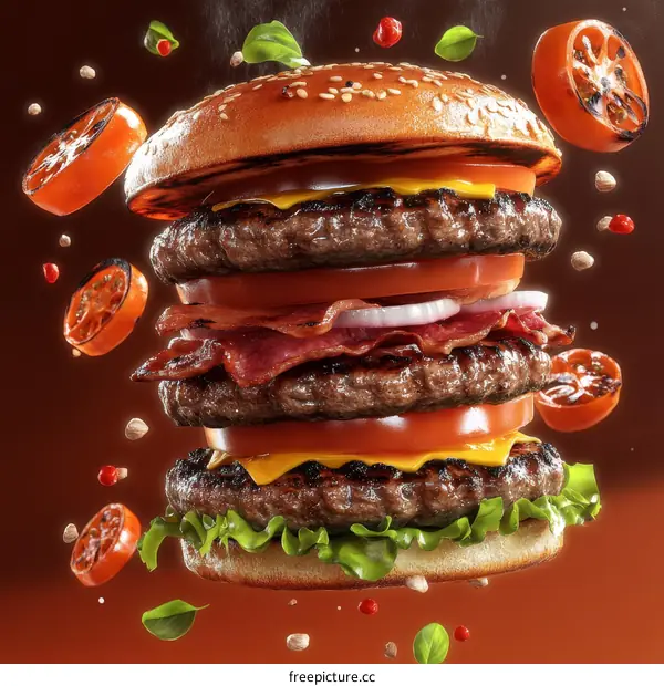 Delicious Triple Burger with Flying Ingredients