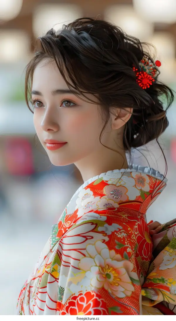 Portrait of a beautiful Japanese woman in traditional kimono