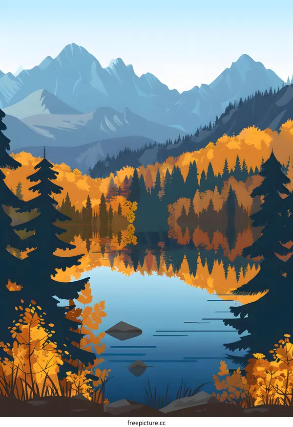 Autumn Landscape with Mountains and a Lake