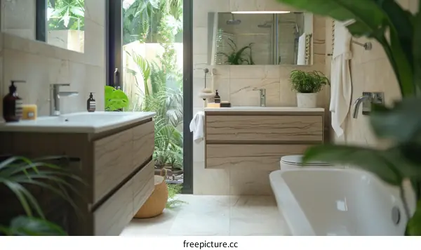 Modern Bathroom with Tropical Garden View