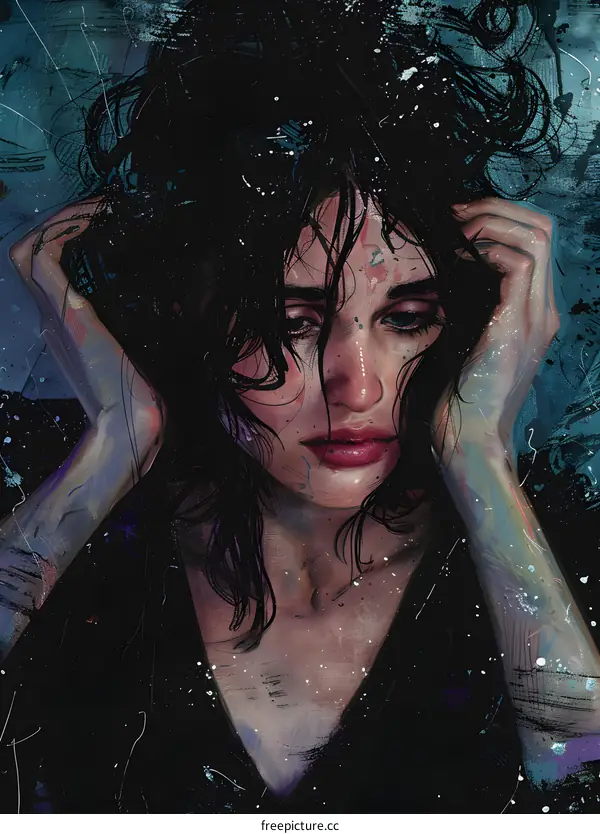 A woman with long dark hair is holding her head in her hands and crying.