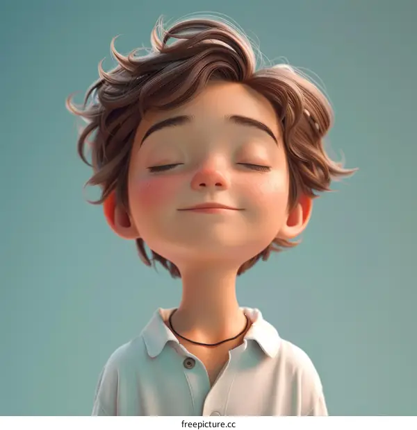 3D Illustration of Young Boy with Brown Hair and Blue Eyes Wearing White Shirt
