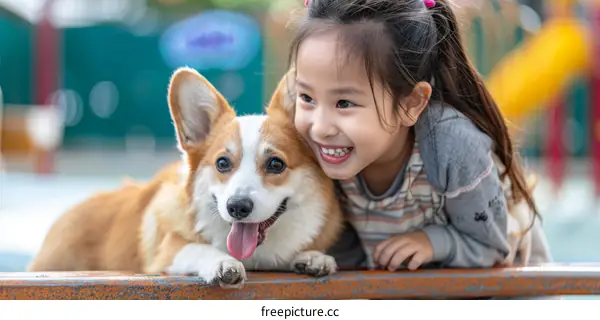 A happy girl playing with a corgi dog