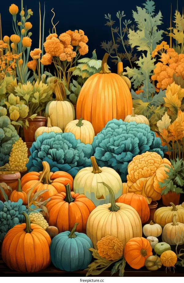 A Variety of Pumpkins and Gourds with Leaves and Flowers