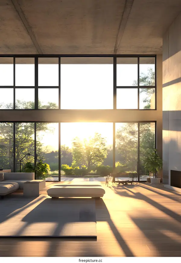 Modern Living Room with Large Windows and Sunlight Streaming In