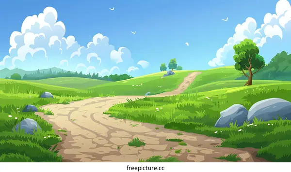 Green Grass Field With Winding Dirt Road And Blue Sky