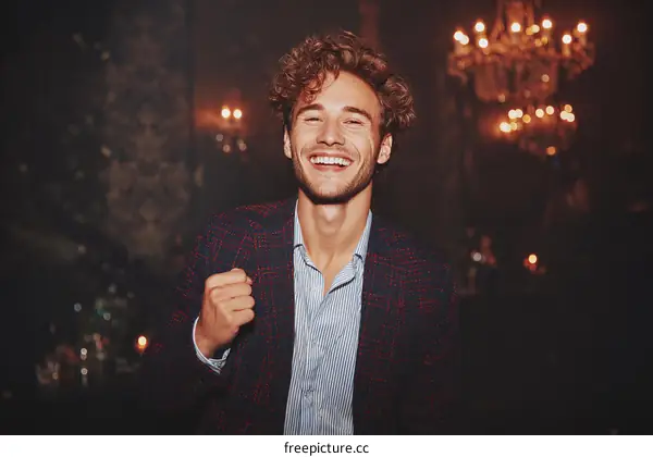 Happy Caucasian Man in Stylish Blazer at a Nightclub