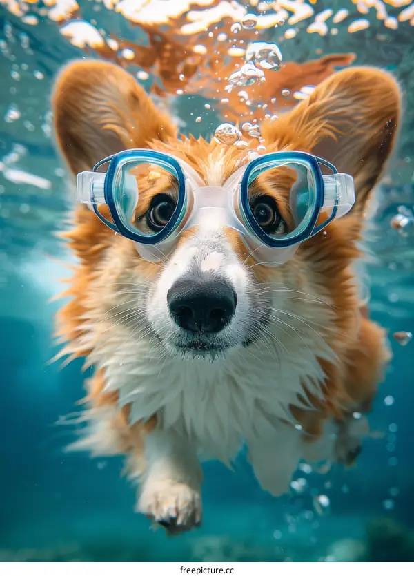 A cute corgi dog is swimming underwater with goggles on