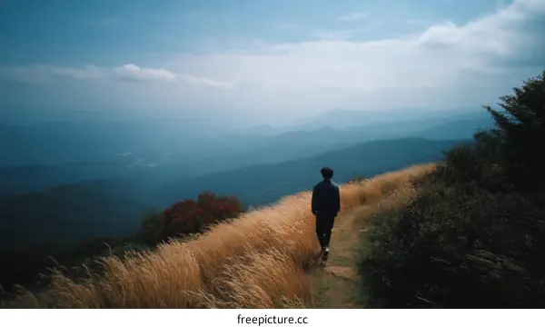 Man Walking on Mountain Top with Panoramic View